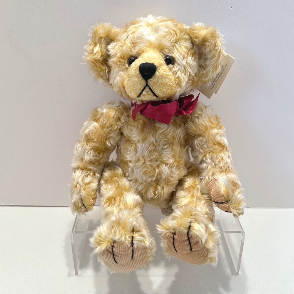 Stanley Bombay Gold Swirly Rosebud Plush Teddy Bear Burgundy Bow 13 Inch